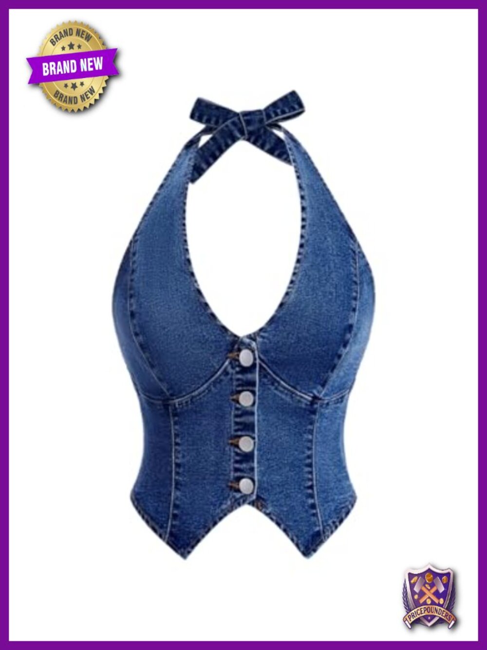 Denim Halter Tie Backless Button Front Slim Fit Vest